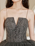 Gray Lace Long Prom Dresses, Lace Formal Gray Graduation Dresses