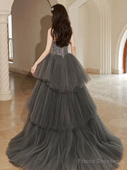 Gray Lace Long Prom Dresses, Lace Formal Gray Graduation Dresses