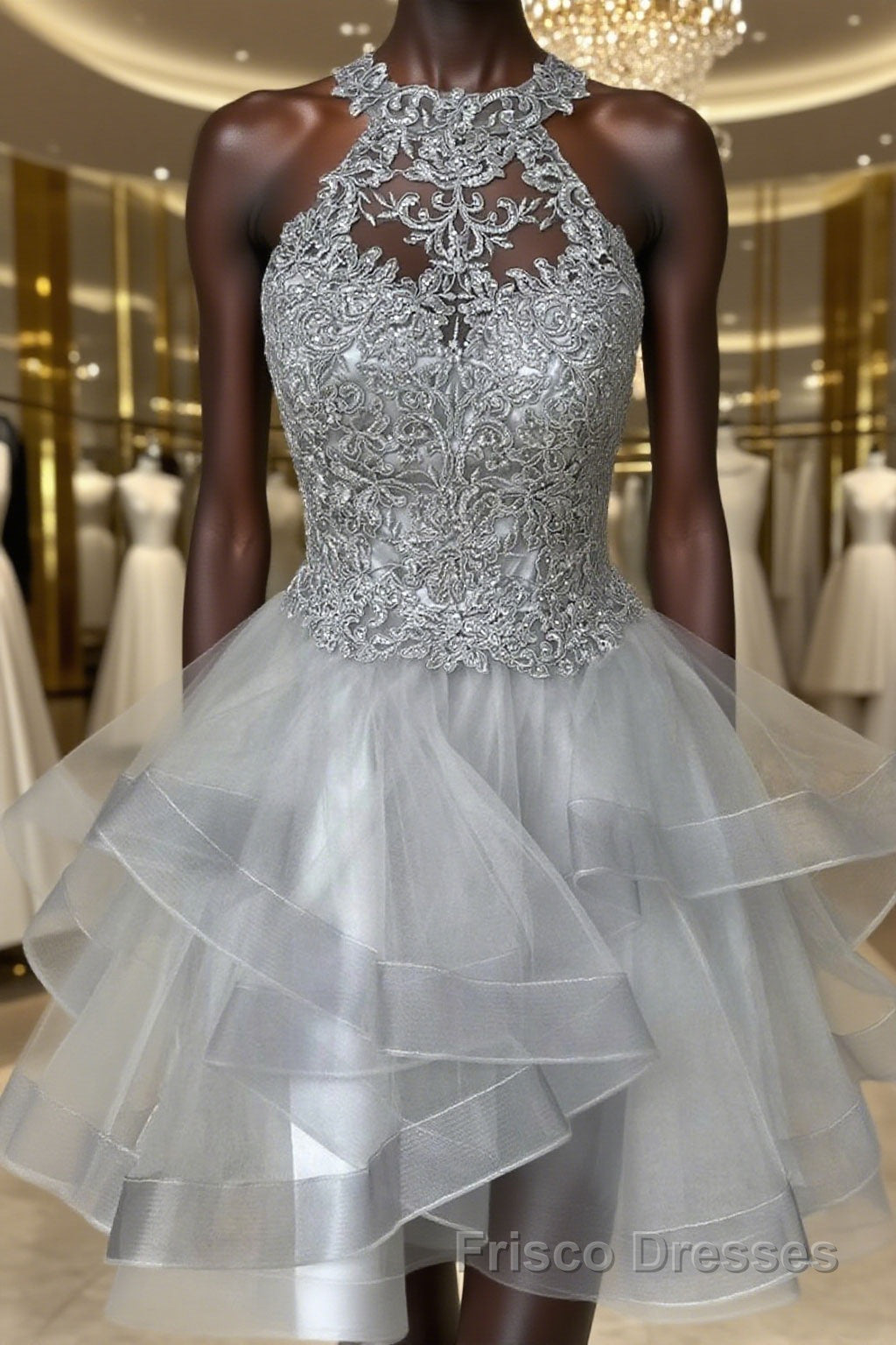 Gray Lace Short Formal Prom Dresses, Fluffy Gray Lace Homecoming Dresses, Gray Formal Evening Dresses Main image