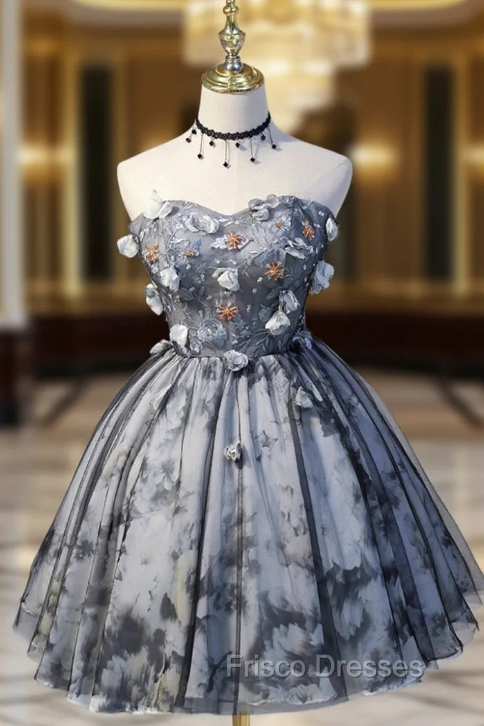 Gray Lace Strapless Short Formal Prom Dress, A-Line Sweetheart Neckline Party Dress