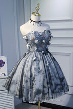 Gray Lace Strapless Short Formal Prom Dress, A-Line Sweetheart Neckline Party Dress