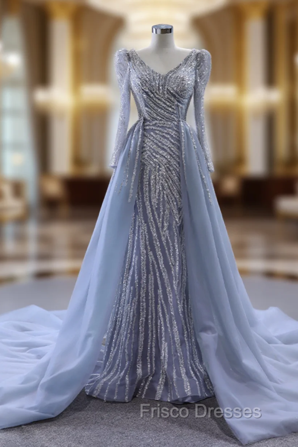 Gray Mermaid Long Sleeve Beading Formal Prom Dress With Detachable Train Main image