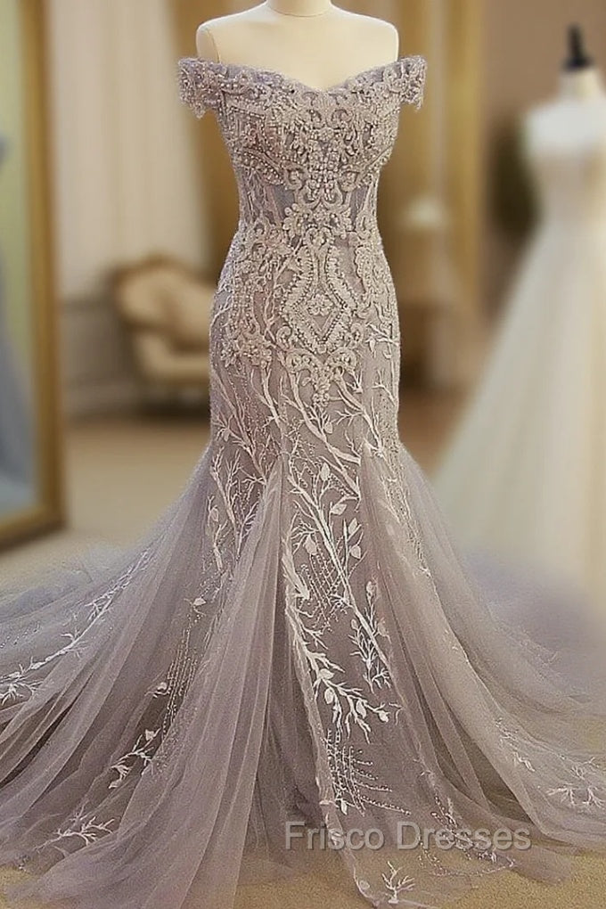 Gray Mermaid Off Shoulder Appliqued Lace Formal Prom Dress
