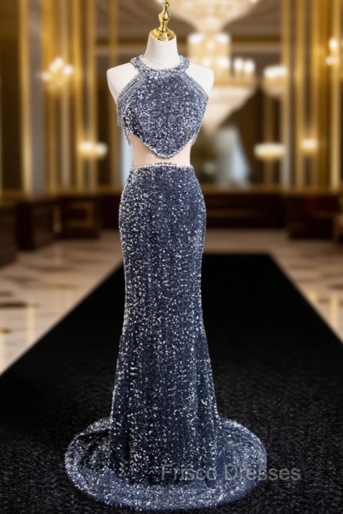 Gray Mermaid Sequins Halter Beading Formal Prom Dress