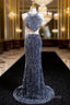 Gray Mermaid Sequins Halter Beading Formal Prom Dress