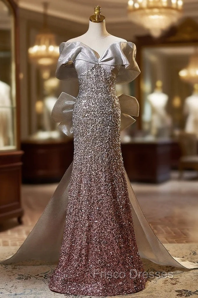 Gray Mermaid Sequins Off the Shoulder Formal Prom Dress