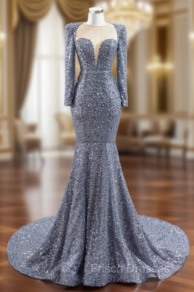 Gray Mermaid Sequins Pearls Long Sleeve Formal Prom Dress