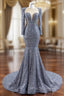 Gray Mermaid Sequins Pearls Long Sleeve Formal Prom Dress