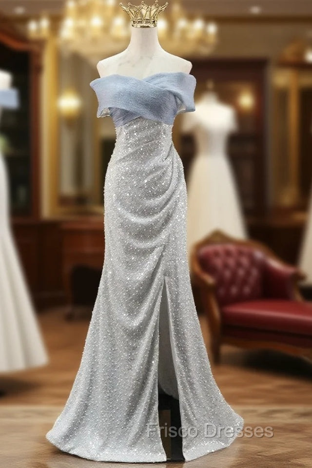 Gray Mermaid Sequins Pearls Off the Shoulder Formal Prom Dress Main image