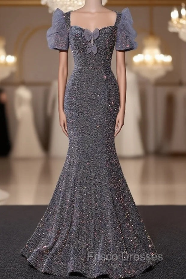 Gray Mermaid Sequins Short Sleeve Formal Prom Dress