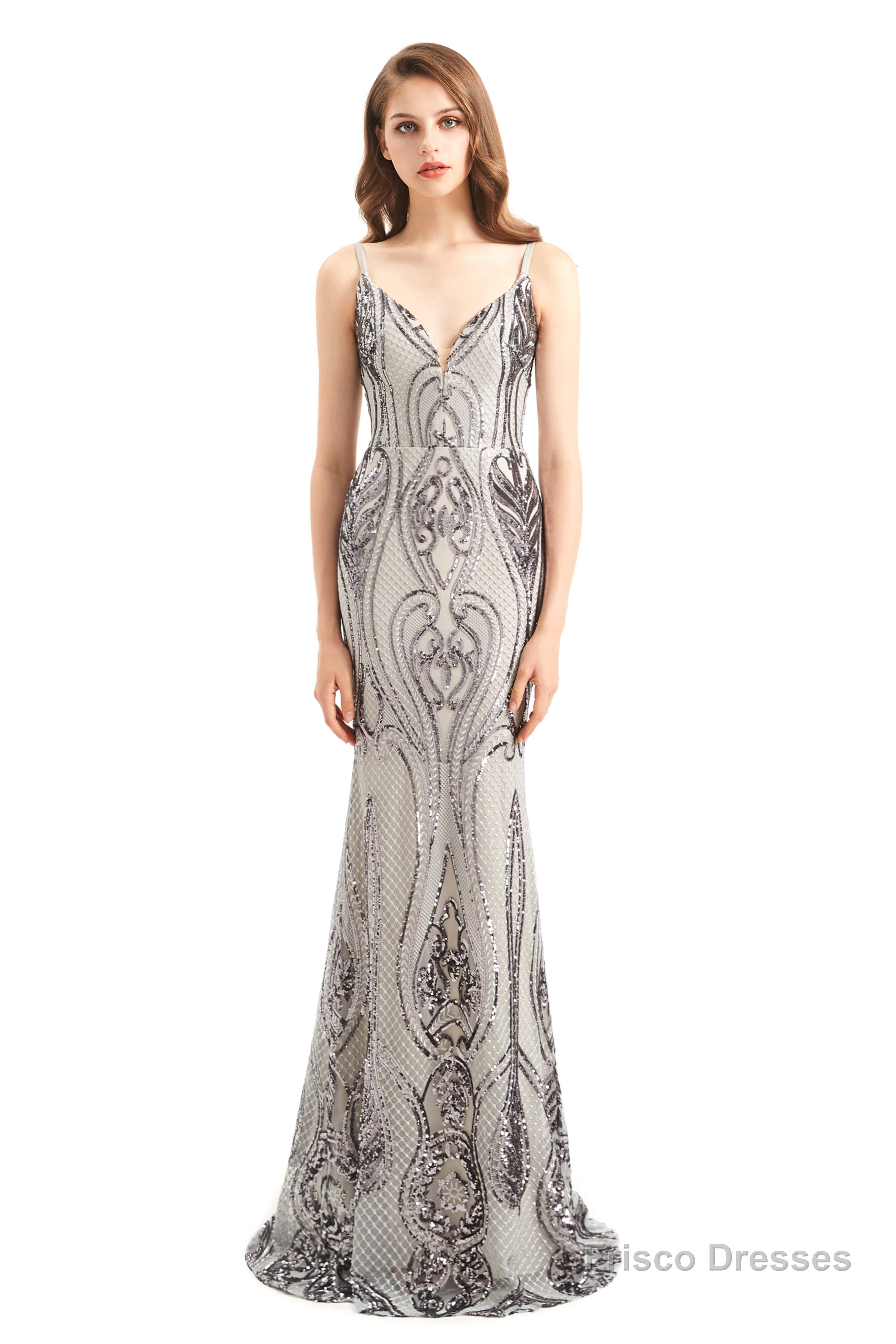 Mermaid Sequins Spaghetti Straps Prom Dresses With Detachable Train Main image