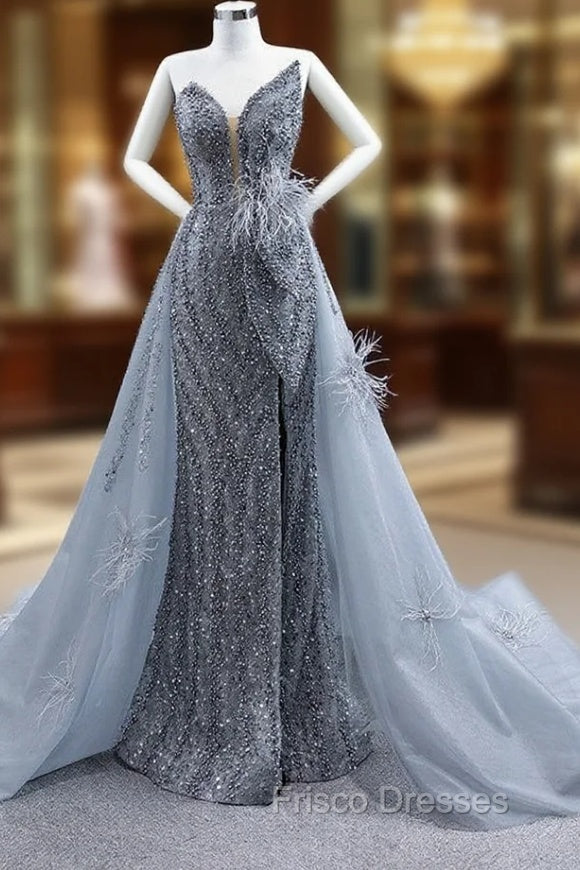 Gray Mermaid Sequins Strapless Pearls Feather Formal Prom Dress Main image