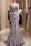 Gray Mermaid Strapless Feahther Beading Formal Prom Dress