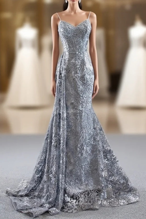 Gray Mermaid Tulle Embroidery Spagehtti Straps Pearls Formal Prom Dress Main image