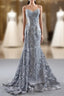 Gray Mermaid Tulle Embroidery Spagehtti Straps Pearls Formal Prom Dress