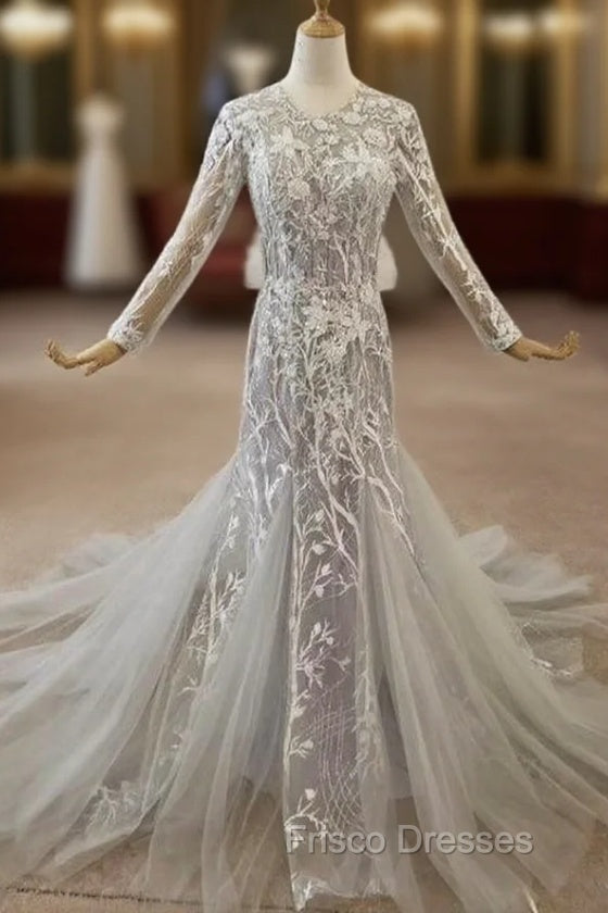 Gray Mermaid Tulle Lace Appliques Long Sleeve Formal Prom Dress Main image