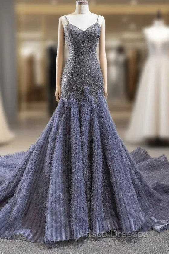 Gray Mermaid Tulle Sequins Spaghetti Straps Beading Formal Prom Dress With Train Main image