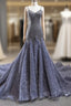 Gray Mermaid Tulle Sequins Spaghetti Straps Beading Formal Prom Dress With Train