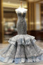 Gray Mermaid Tulle Sequins Sweetheart Formal Prom Dress With Train