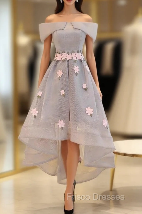 Gray Off the Shoulder  Flower Formal Prom Dress