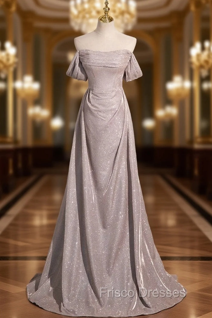 Gray Off the Shoulder Pleats Formal Prom Dress