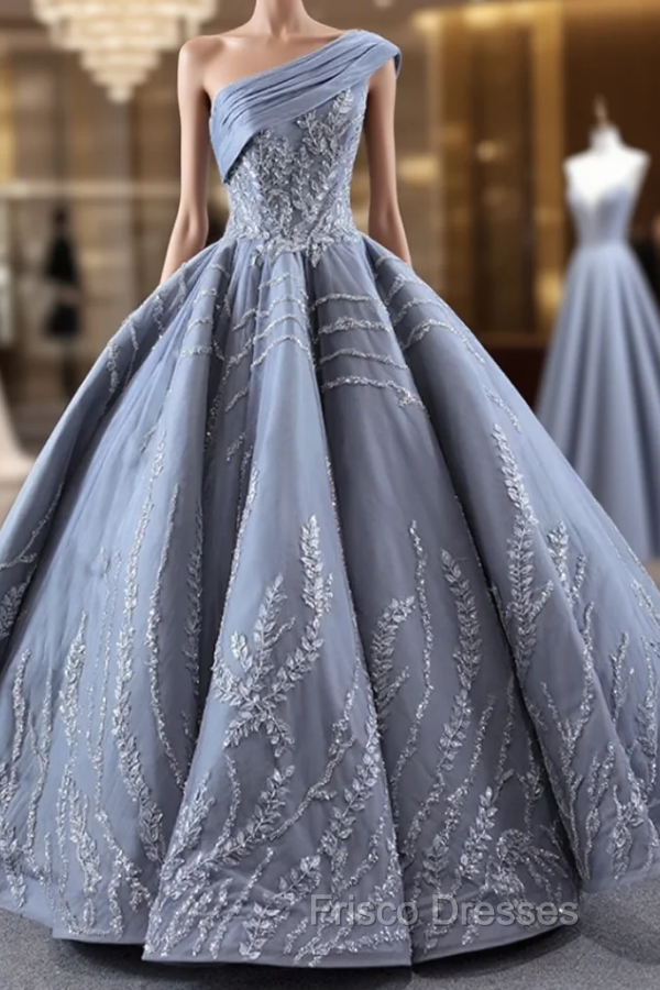 Gray One Shoulder Appliques Beading Formal Prom Dress