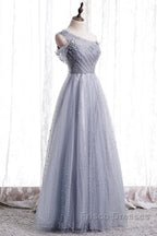 Gray One Shoulder Tulle Long Formal Prom Dress Gray Tulle Evening Dress