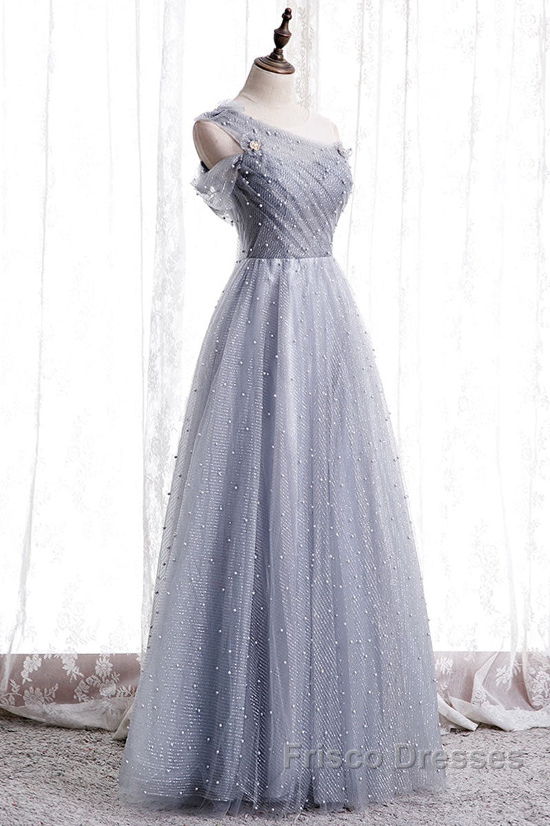 Gray One Shoulder Tulle Long Formal Prom Dress Gray Tulle Evening Dress