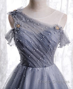 Gray One Shoulder Tulle Long Formal Prom Dress Gray Tulle Evening Dress