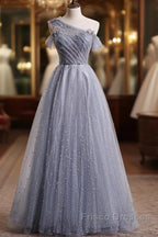 Gray One Shoulder Tulle Long Formal Prom Dress Gray Tulle Evening Dress