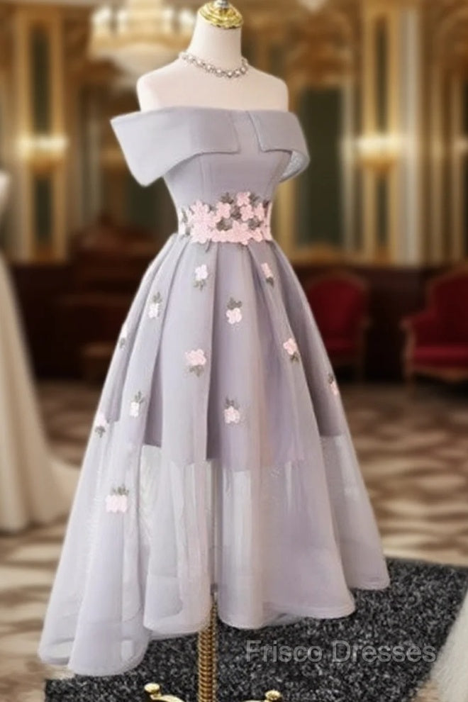 Gray Organza Hight-Low Formal Prom Dress, Gray Bridesmaid Dress Main image
