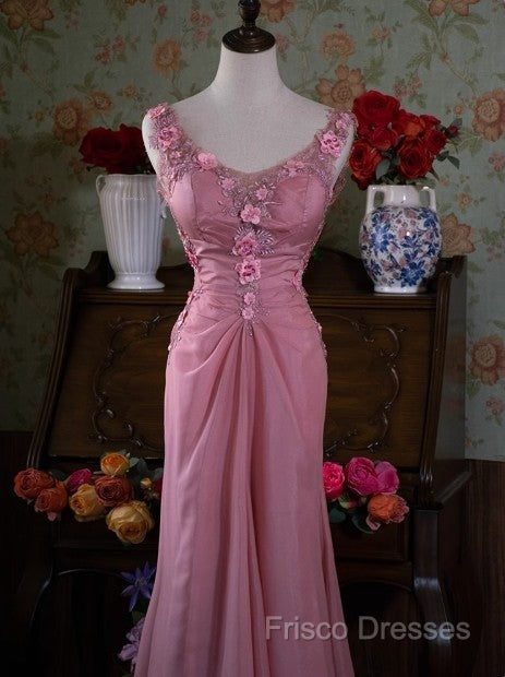 Gray Pink Retro Mermaid V-Neck Chiffon Beaded Long Formal Prom Dress Sweet Applique Birthday Dress Secondary image