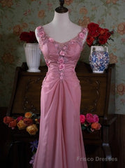 Gray Pink Retro Mermaid V-Neck Chiffon Beaded Long Prom Dress Sweet Applique Birthday Dress