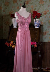 Gray Pink Retro Mermaid V-Neck Chiffon Beaded Long Prom Dress Sweet Applique Birthday Dress