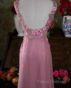 Gray Pink Retro Mermaid V-Neck Chiffon Beaded Long Formal Prom Dress Sweet Applique Birthday Dress