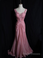 Gray Pink Retro Mermaid V-Neck Chiffon Beaded Long Formal Prom Dress Sweet Applique Birthday Dress