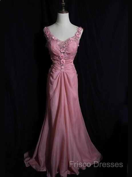 Gray Pink Retro Mermaid V-Neck Chiffon Beaded Long Formal Prom Dress Sweet Applique Birthday Dress
