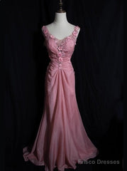 Gray Pink Retro Mermaid V-Neck Chiffon Beaded Long Prom Dress Sweet Applique Birthday Dress