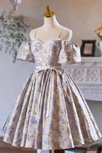 Gray Print Short Formal Prom Dress Dress, Lovely Spaghetti Strap Evening Party Dress