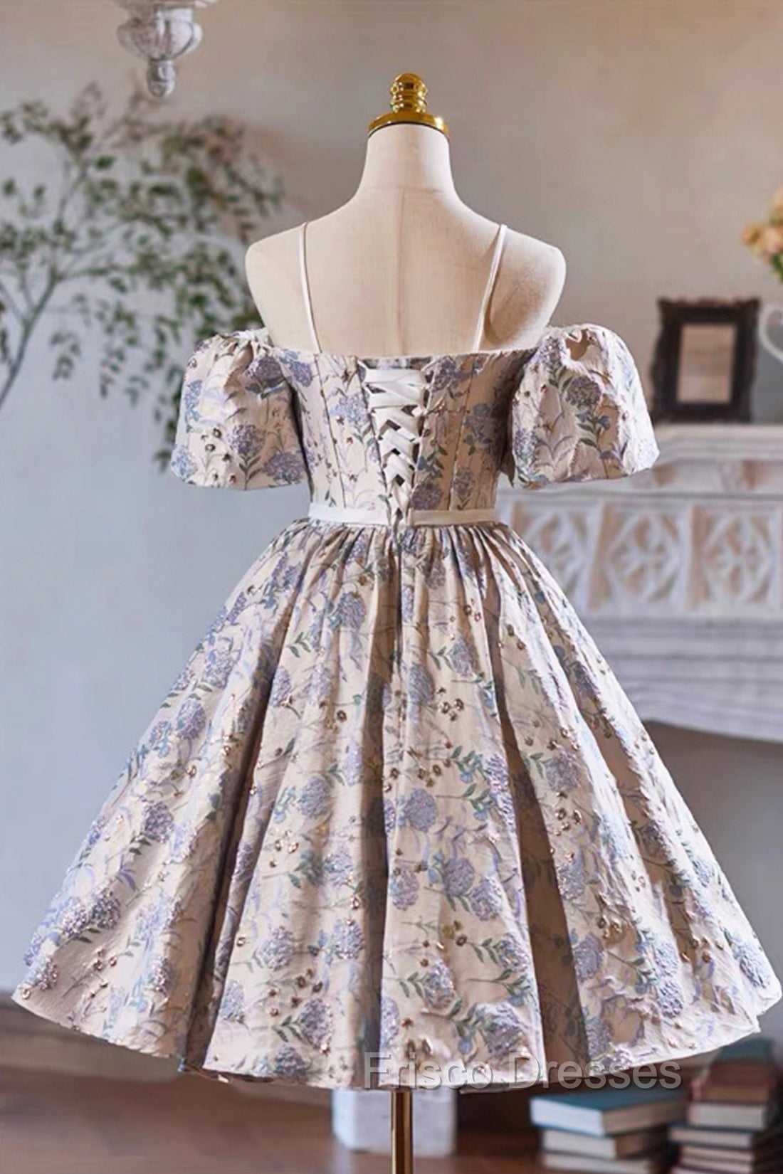 Gray Print Short Formal Prom Dress Dress, Lovely Spaghetti Strap Evening Party Dress