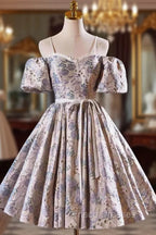 Gray Print Short Formal Prom Dress Dress, Lovely Spaghetti Strap Evening Party Dress