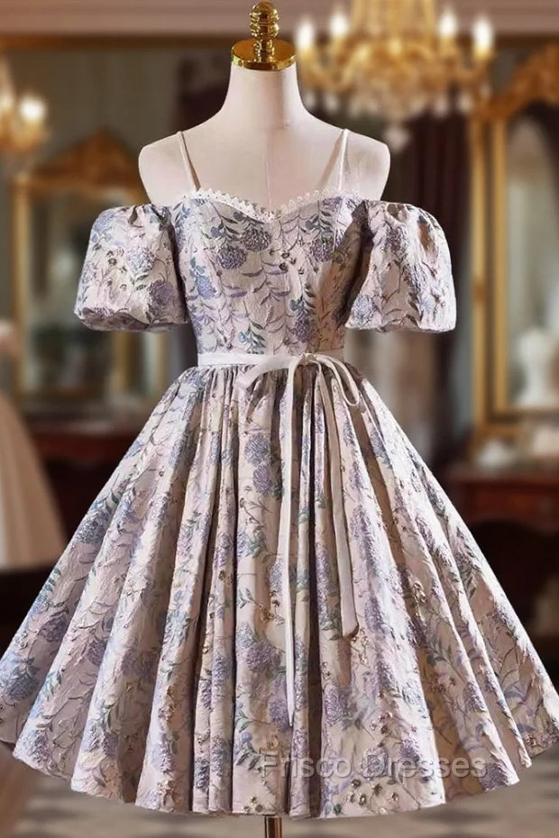 Gray Print Short Formal Prom Dress Dress, Lovely Spaghetti Strap Evening Party Dress