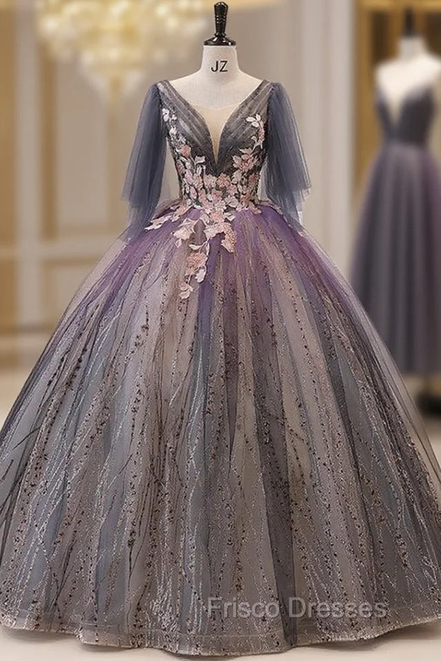Gray Purple Tulle Sequins Appliques Quinceanera Dress Main image