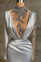 Gray Robe De Soiree Sheath Long Sleeves Beaded See Through Sexy Long Formal Prom Dress Formal Prom Gown Evening Dress