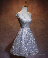 Gray Round Neck Lace Short Prom Dress,Cute Homecoming Dress