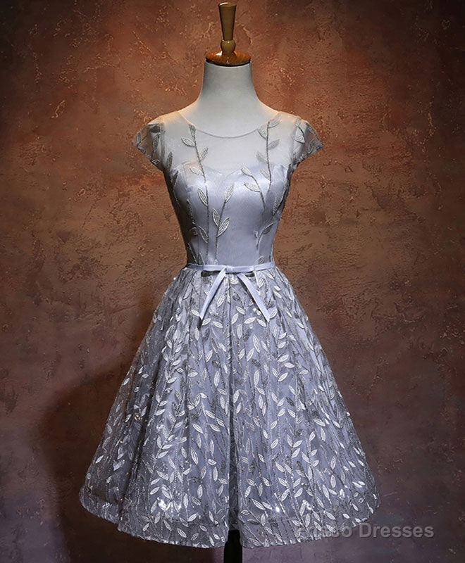 Gray Round Neck Lace Short Prom Dress,Cute Homecoming Dress Main image