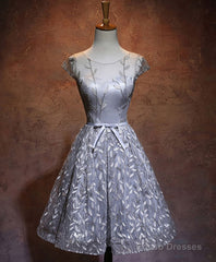 Gray Round Neck Lace Short Prom Dress,Cute Homecoming Dress