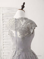 Gray Round Neck Lace Short Prom Dress Gray Bridesmaid Dress