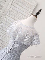 Gray Round Neck Lace Tulle Long Prom Dress, Gray Evening Dress