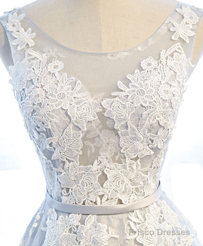 Gray Round Neck Tulle Lace Applique Long Prom Dress